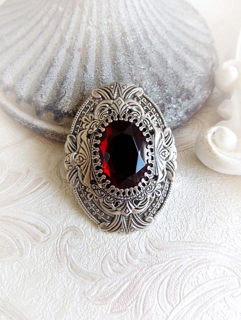 Red gothic brooch or pendant gothic medieval brooch red crystal jewel ornate brooch victorian bridal antique silver red baroque brooch Lady Vampire, Gothic Brooch, Red Brooch, Red Gothic, Gothic Medieval, Unique Brooch, Gothic Beauty, Czech Crystal, Victorian Gothic