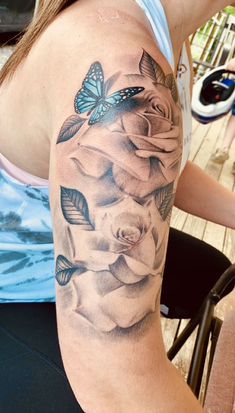 Half Sleeve Tattoos For Women Upper Arm Roses And Butterflies, Tattoo 2023, Bookish Tattoos, Rose Tattoo Sleeve, Tattoos With Kids Names, Tattoos For Women Half Sleeve, Forearm Tattoo Women, Leg Tattoos Women, Dope Tattoos For Women