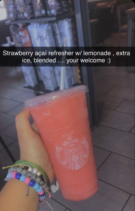 Blended Strawberry Acai Refresher, Smoothie Starbucks Drinks, Blended Drinks Starbucks, Blended Refresher Starbucks, Strawberry Drinks At Starbucks, Starbucks Drinks To Try Refreshers Blended, Sweet Starbucks Refreshers, Strawberry Lemonade Starbucks Drinks, Starbucks Refreshers Blended