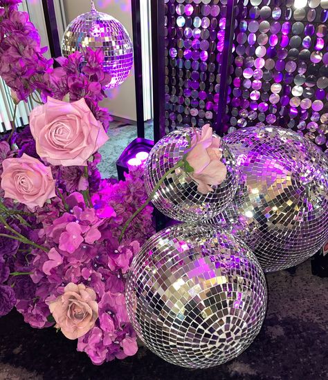 This colour palette 🪩💜🤩 The combination of vibrant purple and shimmering silver mirror balls is perfect for infusing your space with the perfect party vibes! #disco #backdrop #purpledisco #eventplanners #eventdecorators Disco Party Aesthetic, Disco Backdrop, Mirror Ball, Vibrant Purple, Inspo Board, Silver Mirror, Disco Party, Purple Heart, Disco Ball