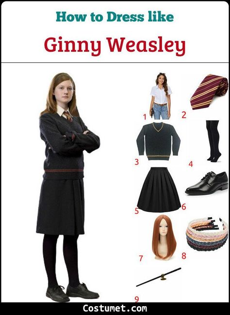 Harry And Ginny Costume, Ginny Weasley Halloween Costume, Harry Potter Inspired Costumes, Ginny Weasley Cosplay, Diy Harry Potter Costume Women, Hermione Granger Costume Diy, Ginny Costume, Harry Potter Dress Up Ideas, Harry Potter Costume Ideas For Women