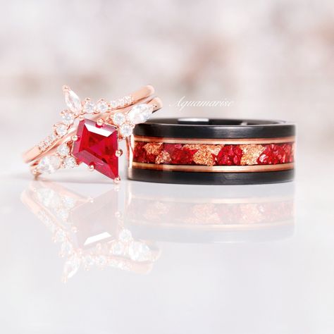 Black And Red Wedding Rings Sets Couple, Gold And Red Wedding Ring, Red And Gold Wedding Rings, Couples Ring Set Gold Weddings, Red Wedding Rings, Vamp Wedding, Red Wedding Ring, Ruby Wedding Ring, Passionate Romance