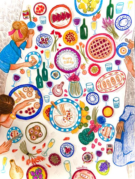 Color Pencil, illustration, art, spring, food, food illustration, Dinner Table Watercolor, Dinner Table Illustration Art, Plate Illustration Drawings, Table With Food Drawing, Table Setting Drawing, Dinner Table Illustration, Feast Illustration, Dinner Party Illustration, Nightly Journal