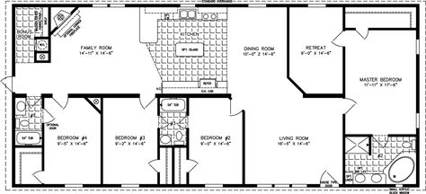 Manufactured Home Floor Plan: The T N R | Model TNR-46814W 4 Bedrooms, 2 Baths Manufactured Homes Floor Plans, Modular Home Plans, Simple Floor Plans, Mobile Home Floor Plans, Metal House Plans, Modular Home Floor Plans, Floor Plan 4 Bedroom, Manufactured Homes, Barndominium Floor Plans