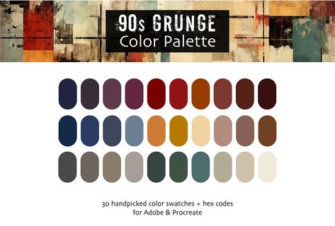 INSTANT DOWNLOAD:  90s Grunge Color Palette for Procreate and Adobe Suite Programs  Let's bring back the 90s with ripped jeans, flannels around our waists and the iconic, moody sounds of 90s grunge bands like Nirvana and Pearl Jam.  Whether you're a graphic designer, digital artist, or DIY enthusiast, these carefully chosen colors will add a touch of raw, rebellious and retro coolness to your projects.  This digital color palette includes 30 handpicked colors that will help you keep colors organized and allow you to jump right into your creative projects without taking the time to decide on the colors you want to use!  This download will include an .ase file that will work with Adobe Suite Programs (Illustrator, Photoshop and InDesign) as well as a .swatches file for Procreate. WHAT'S INCL 90s Color Palette Grunge, 90s Grunge Color Palette, Grunge Color Pallete, 90s Colour Palette, Grunge Colour Palette, Grunge Color Palette, 90s Color Palette, Grunge Colors, Digital Color Palette