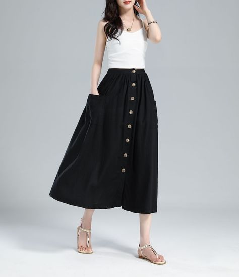 Linen Midi button-down A-line Black skirt with pockets Midi Skirt Outfit Casual, Black Midi Skirt Outfit, Linen Skirt Outfit, Skirt Outfit Casual, Button Midi Skirt, Linen Midi Skirt, Midi Skirt Outfit, Button Front Skirt, Skirt With Buttons