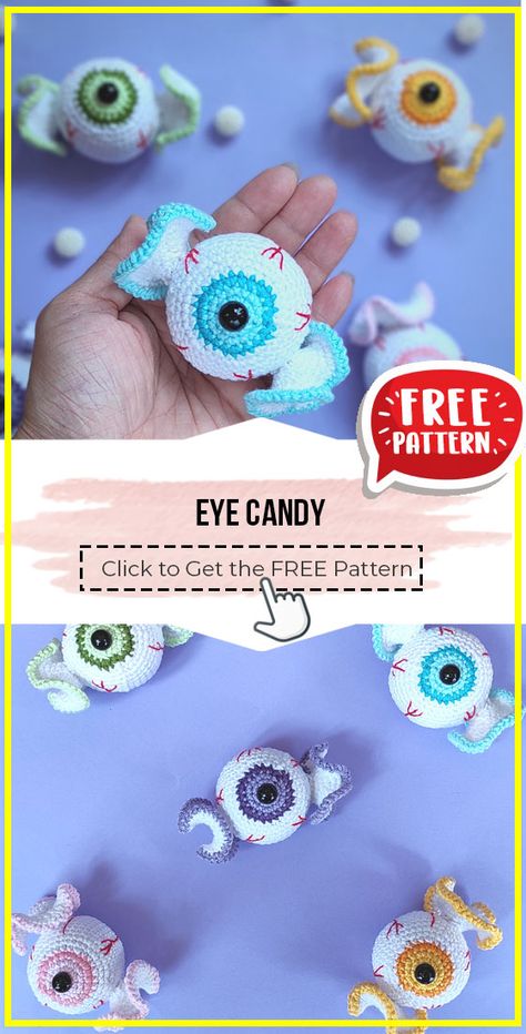 crochet Eye Candy free pattern - FREE Crochet halloween Pattern for Beginners. Click to Get the Pattern #halloween #crochetpattern #crochet via @shareapattern.com Free Crochet Pattern For Halloween, Crochet Patterns For Beginners Christmas, No Sew Halloween Amigurumi, Crochet Halloween Treat Bag Patterns Free, Scary Crochet Patterns Free, Cute Halloween Crochet Patterns, Quick Halloween Crochet Projects, Unique Crochet Projects Free, Crochet Ideas For Halloween