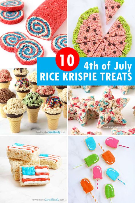 4th of July Rice Krispie Treats -- fun, red, white, and blue ideas! 4th Of July Rice Krispie Treats Ideas, Easy 4th Of July Rice Krispies, Rice Krispies Recipe, Baked Rice, 4th Of July Desserts, Red Rice, Rice Crispy Treats, 4th Of July Celebration, Crispy Treats