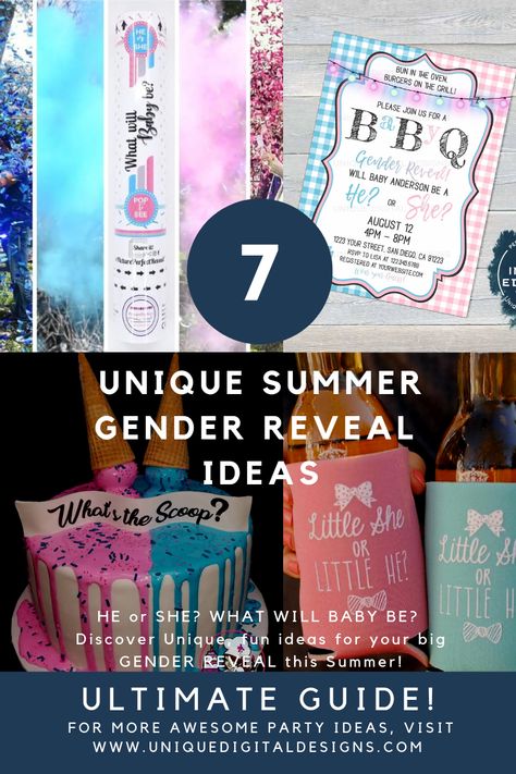 The ULTIMATE GUIDE to the Top 7 Unique Summer Gender Reveal Ideas! Find adorable decorations, fun inspiration, and unique ideas for your summer gender reveal! BabyQ, Watermelons, Pool Parties and more!   #summergenderreveal #summergenderrevealideas #ultimateguide #bestsellers #blog #uniquedigitaldesigns #whatsthescoop #babyq #genderreveal #donteatwatermelonseeds #littlefirecracker #pistolsandpearls #whatwillbabybee #poolpartyreveal #poolgenderreveal #instantaccess #top7ideas #editabletemplates Cute Gender Reveal Themes Summer, Gender Reveal Ideas Summer Theme, Water Theme Gender Reveal, Gender Reveal Ideas Pool Party, Pool Party Gender Reveal, Gender Reveal Pool Party Ideas, Gender Reveal Pool Party, Pool Gender Reveal Ideas, Summer Gender Reveal Themes