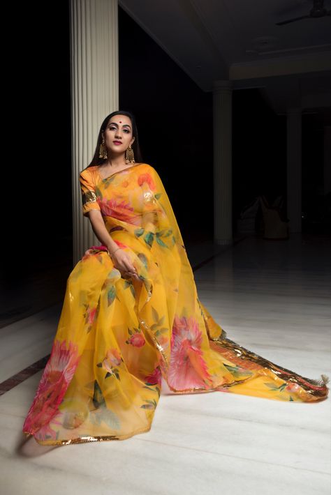 Yellow Floral Saree, Pomcha Jaipur, Yellow Organza Saree, Haldi Saree, Floral Organza Saree, Boutique Cafe, Saraswati Puja, Trendy Saree, Formal Saree