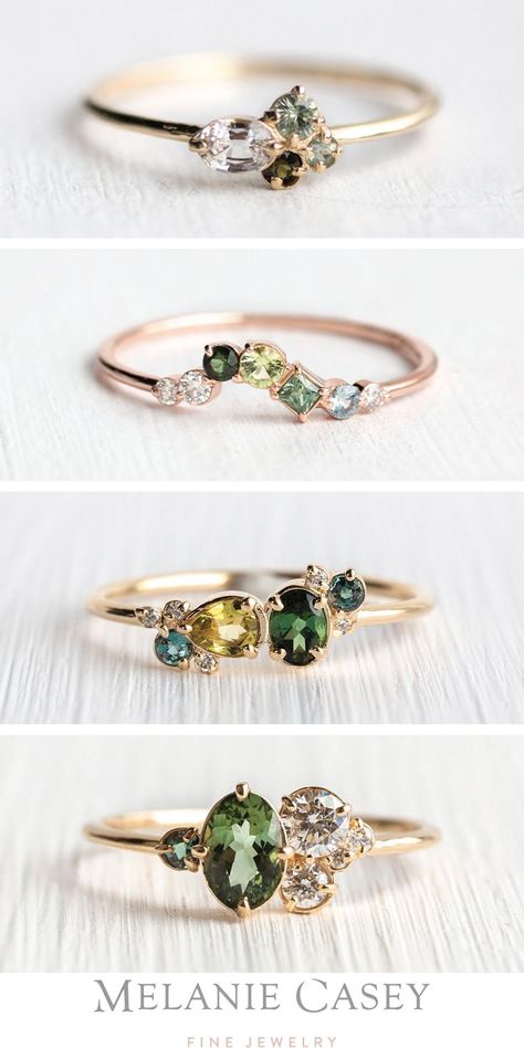 Mixed Stone Rings, Stacked Gemstone Rings, Mother Rings Ideas, Two Birthstone Ring, Green Saphire Ring, Green Cluster Ring, Mothers Ring Ideas, Asymmetrical Rings, Birthstones Jewelry