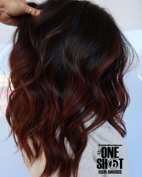 Fall Hair Colors For Dark Hair, Dark Brown And Red Hair Balayage, Dark Red Highlights In Brown Hair Burgundy Low Lights, Mahogany Highlights On Dark Hair, Brown And Red Hair Balayage, Natural Hair Dye Ideas Brunettes, Dark Red And Brown Hair, Balayage Hair For Black Hair, Dark Brown Hair With Red Balayage