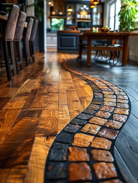 Floor Remodeling Ideas, Tile And Hardwood Floor Combination, Mixed Wood Flooring, Creative Flooring Ideas, Alternative Flooring Ideas, Rustic Flooring Ideas, Dining Room Flooring Ideas, Tile And Wood Floor, Dining Room Flooring