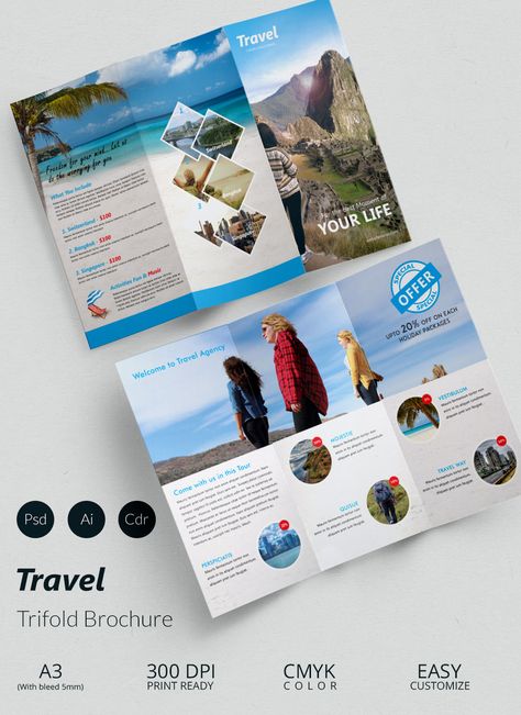 Travel A3 Trifold Brochure Template Tourism Brochure Design, Travel Brochure Design, Brochure Examples, Trifold Brochure Design, Travel Brochure Template, Free Brochure, Brochure Template Psd, Free Brochure Template, Fold Brochure