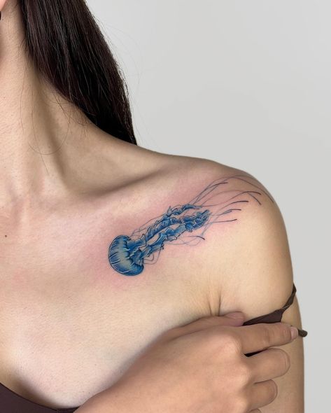 Blue blue💙jellyfish ~ 💡Custom design 💙Thanks Krystal 🫶🏻 . . . . . . . #hktattoo #hktattooartist #flashtattoo #tattoohk #hongkongtattoo #hktattooflash #blackworktattoo #jellyfishtattoo #shouldertattoo #香港紋身 Blue Whale Shark Tattoo, Blue Jellyfish Tattoo, Angel Fish Tattoo, Blue Ink Tattoo, Lil Tattoos, Blue Tattoos, Whale Shark Tattoo, Bubble Tattoo, Tattoo Jellyfish