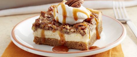 Everyone’s fall favorites – pecan pie, cheesecake, pumpkin and caramel – come together in one indulgent layered dessert! Cheesecake Cookie Bars, Pumpkin Pecan Cheesecake, Pecan Pie Cheesecake Bars, Pecan Cheesecake Bars, Cheesecake Pumpkin, Cheesecake Cookie, Layered Dessert, Pecan Pie Cheesecake, Pumpkin Cheesecake Bars