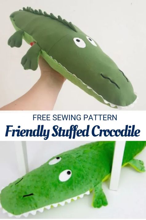 Friendly Stuffed Crocodile – Free Pattern – Sewing With Scraps Crocodile Stuffed Animal, Crocodile Sewing Pattern, Scrap Fabric Storage, Peter Pan And Captain Hook, Sewing With Scraps, Basket Sewing Pattern, Stuffed Animal Pattern, Reptile Party, Quick Projects