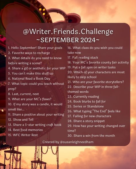 Hello Writer Friends!!! It’s time for the SEPTEMBER 𝑾𝒓𝒊𝒕𝒆𝒓 𝑭𝒓𝒊𝒆𝒏𝒅𝒔 𝑪𝒉𝒂𝒍𝒍𝒆𝒏𝒈𝒆 The goal of WFC (Writer Friends Challenge) is to help writers socialize, find writing friends, and grow their community on Instagram. Join the fun! To participate:⁣ ⭐️𝑭𝒐𝒍𝒍𝒐𝒘 @‌writer.friends.challenge (all future calendars will be shared here) 𝑳𝒊𝒌𝒆 this post. 𝑺𝒂𝒗𝒆 this post. 𝑺𝒉𝒂𝒓𝒆 this post to your profile and/or story. 𝑻𝒂𝒈 some fellow writers in the comments you think might like to join!⁣ ⭐️𝑻𝒂𝒈 your posts with... Writergram Post Ideas, Friends Challenge, Skip School, Fall Reading, Friend Challenges, Hello September, Writing Challenge, Original Characters, Your Profile