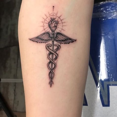 Caduceus Tattoo Nurse, Ems Tattoos Female, Medicine Tattoo Ideas, Drew Tattoo, Medicine Tattoo, Nursing Tattoos, Atomic Tattoo, Caduceus Tattoo, Atom Tattoo