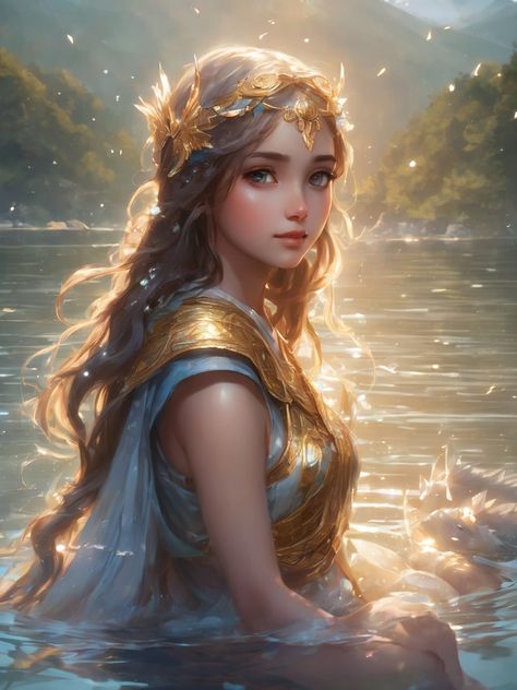 Goddess in lake AI art, water, sunligjt, blessing Lake Goddess, Water Elemental Female, Water Goddess, Water Goddess Art, Earth Goddess Art Fantasy, Goddess Of Summer Fantasy Art, Lightning Goddess Fantasy Art, Anime Water Goddess, Air Fire