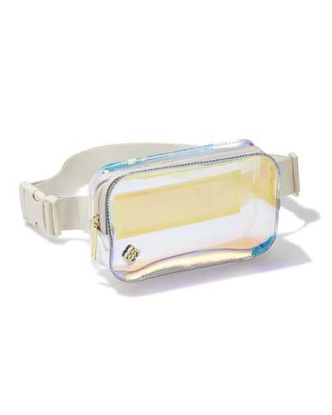 Buy Clear Belt Bag in Clear Iridescent at KendraScott. Kendra Scott Clear Bag, Iridescent Trendy Bag For Everyday Use, Belt Bag Clear, Affordable Iridescent Travel Bags, Clear Rectangular Cosmetic Bag With Strap, Clear Belt, Hands Free Bag, Sold Out Sign, Kendra Scott