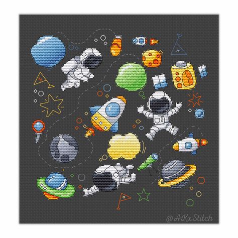 Space Adventures Cross Stitch PDF Pattern Pikachu Cross Stitch Pattern, Space Cross Stitch, Astronaut Nursery, Ship Embroidery, Cross Stitch Cute, Nursery Baby Boy, Kawaii Cross Stitch, Dragon Cross Stitch, Nursery Cross Stitch