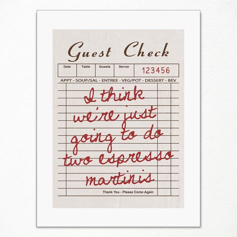 PRICES MAY VARY. Guest Check Art Print: Add a touch of vintage charm to your decor with our Guest Check Art Print. This unique piece replicates an old-fashioned guest check from a classic diner, making it a nostalgic addition to any kitchen, dining area, or bar cart space. Printed on high-quality canvas, it features vibrant colors and crisp details. Available in multiple sizes, this print is perfect for creating a retro-inspired atmosphere in your home or restaurant. Vintage Bar Cart Wall Art: E Guest Book Airbnb, Coffee Bar Prints, Espresso Martini Wall Art, Coffee Receipt, Receipt Art, Receipt Poster, Guest Check Art, Nyc Room, Picture For Wall