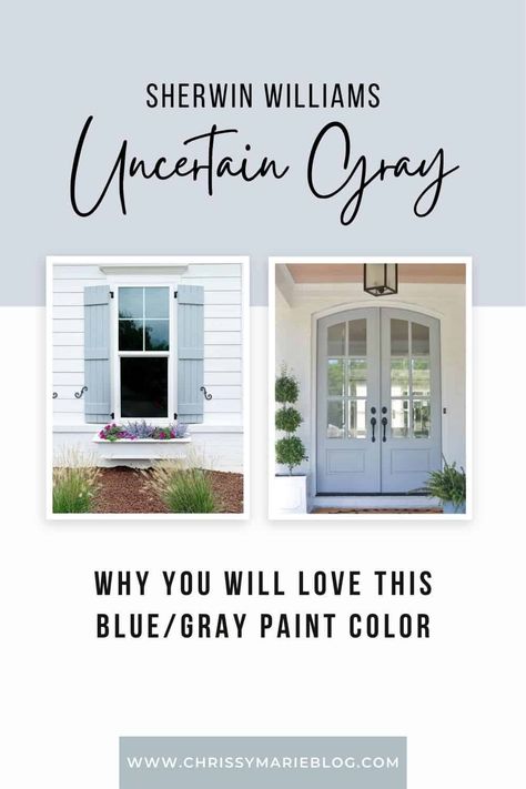 Finally- that elusive blue gray has been found. Sherwin Williams Uncertain Gray paint is not really gray, but is it even blue? This neutral sophisticated paint color is indeed the ideal blue gray shade for many interiors and exteriors too. Sherwin Williams Uncertain Gray, Paint Colors Blue Gray, Coastal Exterior House Colors, Uncertain Gray, Paint Colors Blue, Gray Paint Colors Sherwin Williams, Exterior Gray Paint, Coastal Exterior, Gray Paint Colors