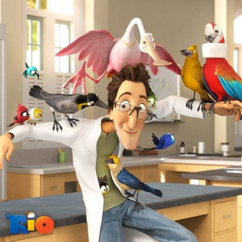 Rio ... Dr having fun with birds Rio Party, Rio 2011, Rio Movie, Rodrigo Santoro, Blue Sky Studios, Phineas Y Ferb, Rio 2, Movie Artwork, Mama Bird