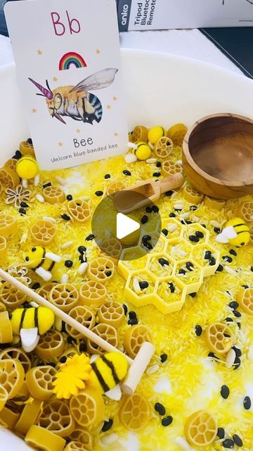 Toddler and Baby Sensory Play on Instagram: "Beautiful resources that help your kids explore their senses and learn in the process.  This set up is one of my favorites 🥰 how beautiful is it?   We used our Honey Bee pour and seek, extra felt bees and BEAUTIFUL flash card from @timetobesensory   I also used our honeycomb play tray wooden spoons and rake from @tinyhumansperth (DC: BCAW10)   And our wooden papoose bowl from @casaeducalearning   I loved watching my little one use the bees to collect the pollen from the flowers and take it back to the honeycomb 🥰 their little minds will never cease to amaze me.   #bees #sensoryplay #sensorytray #playtolearn #learnthroughplay #eatlyyearsactivities #preschoolactivities #toddlerplayideas #supportsmallbusiness" Bee Sensory Tray, Bee Activity For Kids, Bees Crafts For Kids, Bee Tuff Tray, Bee Sensory Bin, Felt Bees, Bee Activity, Bees And Honeycomb, Baby Bumble Bee