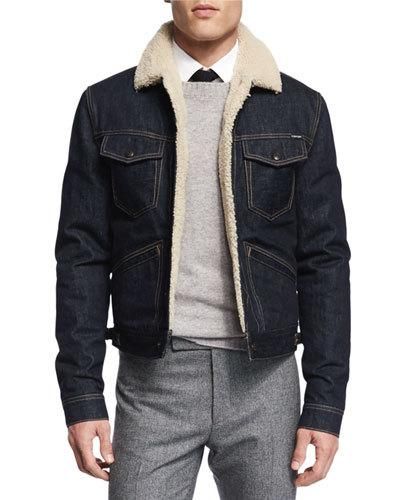 N3D8J TOM FORD Denim Jacket with Shearling Lining Denim Fur Jacket, Fur Jacket Men, Tom Ford Tuxedo, Tom Ford Jacket, Men Denim Jacket, French Cuff Dress Shirts, Denim Jacket With Fur, Lined Denim Jacket, Expensive Clothes