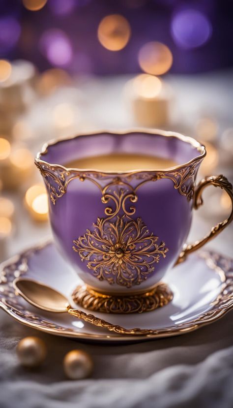 beautiful purple porcelain teacup - AI creation Teacup Aesthetic, Dinner Set Design, Purple Tea Cups, Purple Cafe, Unique Tea Cups, Purple Tea, Fancy Cup, Tea Riffic, Morning Coffee Images