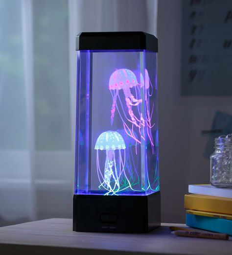 Aquarium Night Light, Jellyfish Night Light, Fake Jellyfish Tank, Jellyfish Tank Aquarium Home, Jellyfish Tank Aquarium, Desk Aquarium, Led Lights Blue, Cool Lights, Cool Desk Accessories