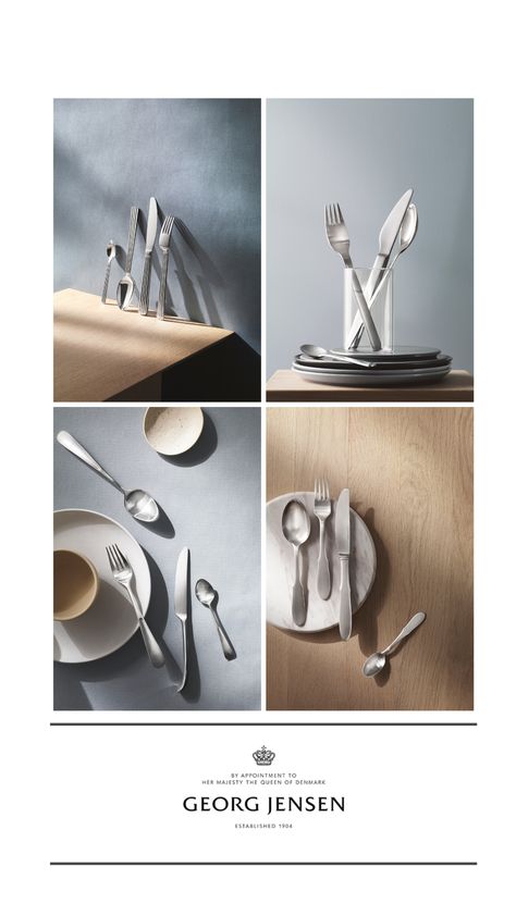 Make every meal one to remember! Add a touch of Scandinavian design to your table top with Georg Jensen's beautiful cutlery and tableware. Georg Jensen is a Danish design house renowned for artistic boldness, superior craftsmanship and visionary collaborations with leading artists and designers. Click to discover more from Georg Jensen. #GeorgJensen #scandinaviandesign #minimal #giftideas #weddinggiftidea Tableware Product Photography, Utensil Photography, Cutlery Photography, Spoon Photography, Beautiful Cutlery, Tableware Photography, High Key Photography, Luxury Cutlery, Cutlery Design