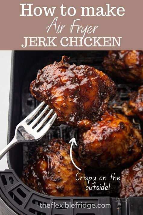 Jerk chicken being help up with a fork above an air fryer Fried Jerk Chicken, Air Fryer Jerk Chicken, Easy Jerk Chicken Recipe, Jerk Chicken Marinade, Jerk Recipe, Jerk Chicken Wings, Jerk Chicken Recipe, Air Fryer Chicken Thighs, Jamaican Jerk Chicken