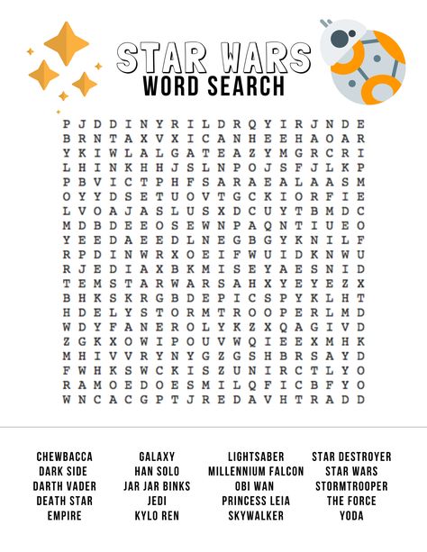 4 Super Fun Star Wars Activities - Marcie in Mommyland Star Wars Word Search, Star Wars Activity Sheets, Star Wars Coloring Sheet, Star Wars Activities, Skeletal System Worksheet, Star Wars Classroom, Character Activities, The Skeletal System, Jedi Training