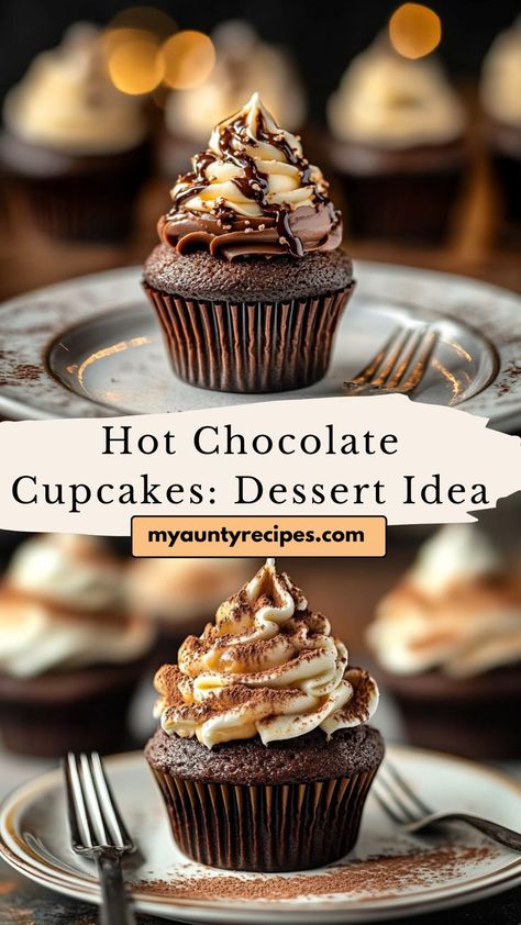 Add some sweetness to your winter meals dinners with these Decadent Hot Chocolate Cupcakes. Rich chocolate flavor, fluffy frosting, and a hint of marshmallow make these cupcakes a must-have for Friendsgiving food ideas or winter celebrations. Chocolate Cinnamon Cupcakes, Hot Chocolate Frosting Recipe, Easy German Chocolate Cupcakes, January Cupcakes Ideas, Holiday Flavored Cupcakes, Chelsweets Cupcakes, Chocolate Cupcake Ideas, Gourmet Cupcakes Flavors, Nye Cupcakes