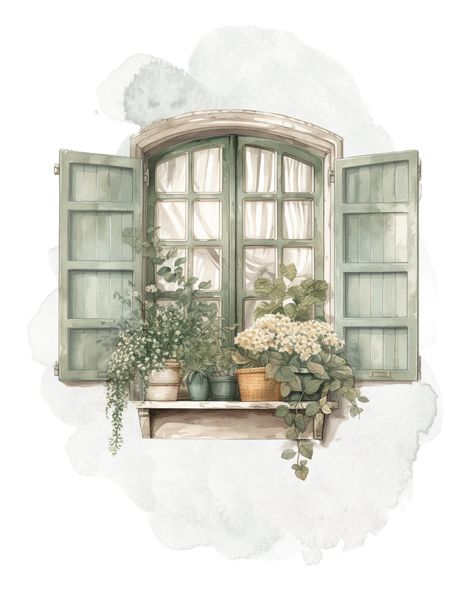 Windows Illustration Drawing, Window Watercolor, Cottage Window Drawing, Window Painting Watercolor, Windows Watercolor, Watercolor Paintings Doors And Windows, Window Illustration, Cottage Windows, Fantasy Shop