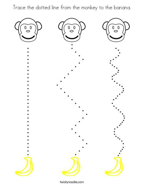 Trace the dotted line from the monkey to the banana Coloring Page - Twisty Noodle Monkey Fine Motor Activities, Banana Preschool Activities, Monkey Craft For Preschool, Jungle Preschool Activities Art Projects, Zoo Tracing Preschool, Toddler Monkey Craft, Monkey Worksheet Preschool, Monkey Preschool Activities, Banana Craft Preschool