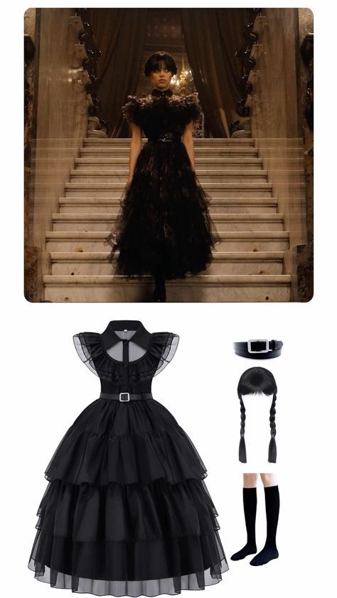 Halloween Costumes Black Characters, Wendsday Adams Costumes, Black Dress Wednesday, Wednesday Addams Outfit Inspiration, Wednesday Inspired Outfit, Casual Halloween Costumes, Wednesday Addams Dance, Wednesday Addams Outfit, Rave Halloween