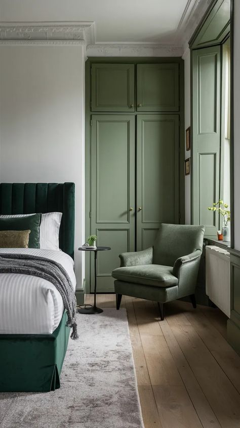 Sage Green Wood Bedroom, Green Accent Chairs, Sage Walls, Bedroom Inspirations Green, Groovy Bedroom, Emerald Green Bedrooms, Nature Inspired Bedroom, Green Bedroom Design, Green Accent Chair