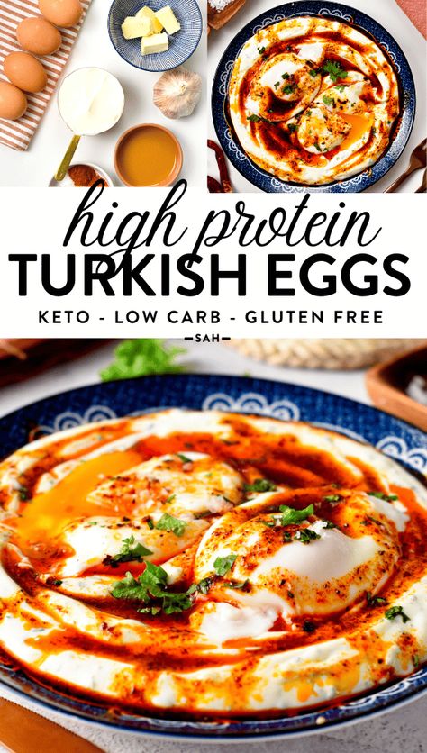 These Turkish Eggs also called Cilbir are the best high-protein low-carb breakfast ever packed with 25 g proteins. An ultra creamy garlic yogurt, topped with warm poached eggs and spicy Aleppo butter. Labneh Breakfast Ideas, Spicy Heavy Cream Eggs, High Protein Mediterranean Breakfast, Labneh Eggs, High Protein Egg Recipes, Turkish Eggs Recipe, High Protein Mediterranean Recipes, Turkish Eggs Breakfast, Poached Egg Recipes