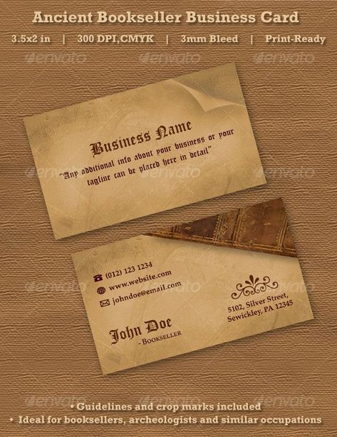 Ancient Bookseller Business Card for $5  #BusinessCard #RetroDesign #PrintTemplate #BusinessCardTemplate #PrintTemplates #template #graphicdesign #design #EnvatoMarket #designresources #BestDesignResources Retro Business Card, Business Card Minimalist, Vintage Business Cards, Letterpress Business Cards, Unique Business Cards, Business Card Template Design, Old Paper, Business Card Template, Print Templates