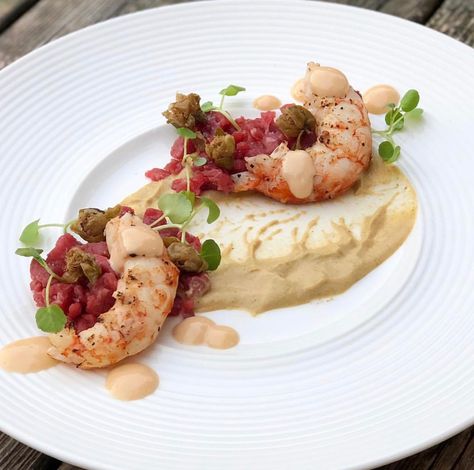 Rare seared beef, tartare puree, king prawn, shrimp emulsion Coddled Eggs, Thanksgiving Dish, Beef Tartare, Bread Sauce, Great British Chefs, Prawn Shrimp, Smoked Trout, Roasted Cherry, Shrimp Seasoning