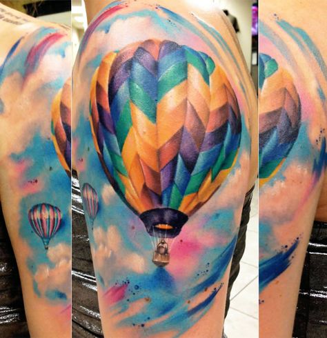 Shultz’s Colorful Tattoos David Castro, Tattoo 2015, Hot Air Balloon Tattoo, Air Balloon Tattoo, Balloon Tattoo, Nerd Tattoo, Polynesian Tattoos, Marquesan Tattoos, Mens Shoulder Tattoo