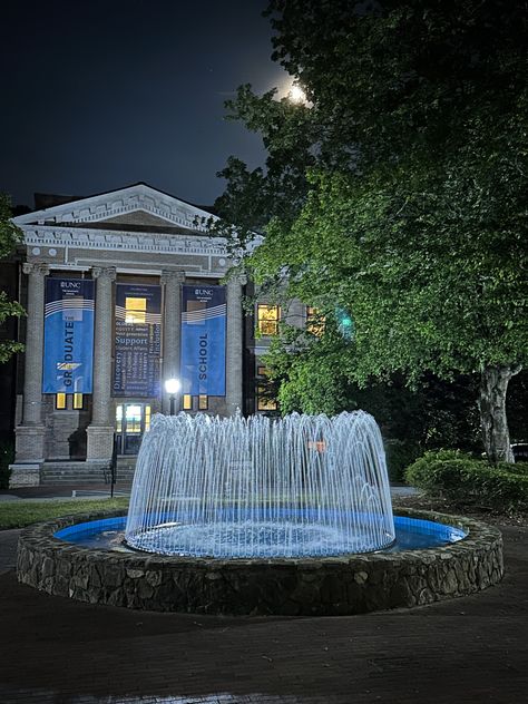 Unc College, Fountain Photography, Campus Landscape, North Carolina Colleges, North Carolina Chapel Hill, Unc University, Night Reflection, Academic Aesthetic, Chapel Hill North Carolina