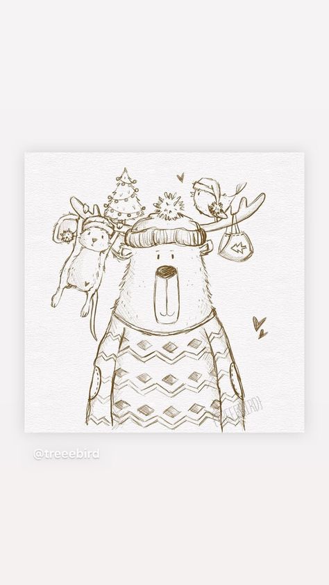 Winter Sketches Pencil, Sketch Ideas Christmas, Christmas Drawing Sketch, Christmas Animal Drawing, Simple Reindeer Drawing, Doodle Noel, Winter Drawings Christmas, Cute Christmas Sketches, Winter Drawing Ideas Sketch