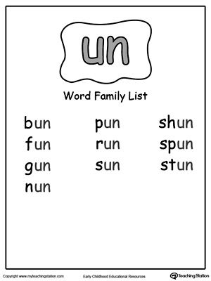 **FREE** UN Word Family List. Topics: Reading, and Word Families. Word Family List, Family Worksheets, Word Family Worksheets, Family Worksheet, Phonics Sounds, English Phonics, Phonics Lessons, Learning To Read, Phonics Words