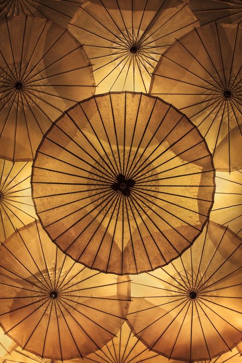 Japanese Influences Make Quincoces-Dragò & Partners’s Milan Presentation Shine at Six Gallery - Architectural Digest Umbrella Ceiling, Japanese Lighting, Japanese Restaurant Interior, Diy For Beginners, Japanese Lamps, Japanese Umbrella, Paper Umbrellas, Cute Paper, Japanese Interior Design