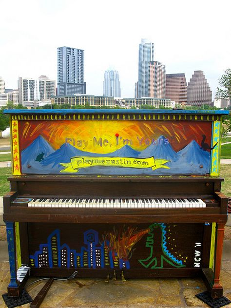 In April 2011, Austin had 14 pianos around the city that anyone could play. After dinner on our second date, Karl took me down to a piano right by the lake, and we played and sang songs. It was by far the most romantic date I had ever been on! While the pianos have long since been taken down, I will always remember that date and love that spot by the water!    Photo by Jose Lozano Public Piano, Interactive Art Installation, Second Date, Piano Art, Water Photo, I'm Yours, Invitation To Play, Downtown Austin, Public Places